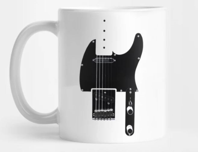 White mug decorated with a black pattern of a Telecaster guitar