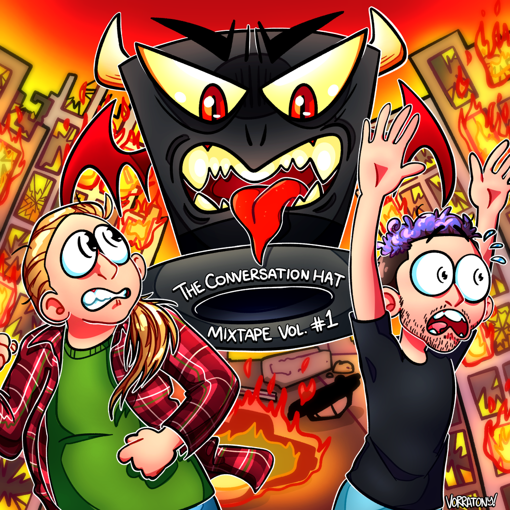 Album art for The Conversation Hat's first Mixtape. Cartoon versions of Liam & Ben run away from the monstrous Conversation Hat
