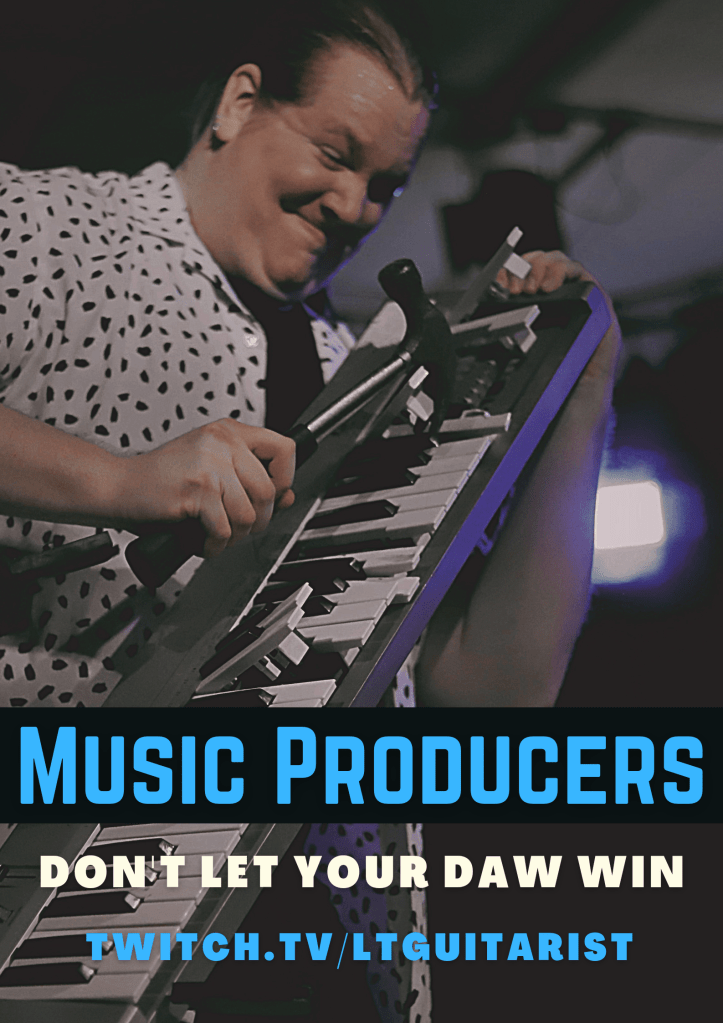 The words "Music Producers, don't let your DAW win" on an image of a man angrily attacking a keyboard with a hammer.