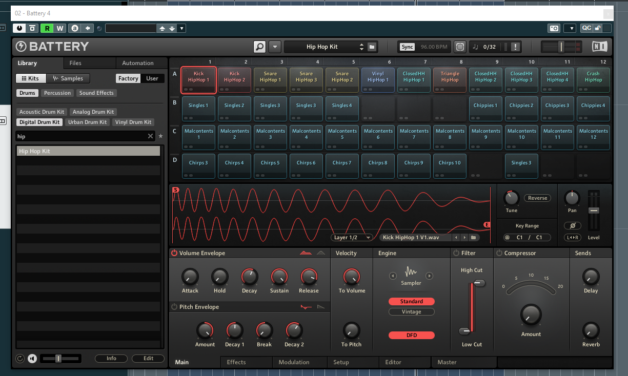 Native Instruments' Battery, loaded into Cubase. The interface shows an example of how one might use the Raw Circuits samples.